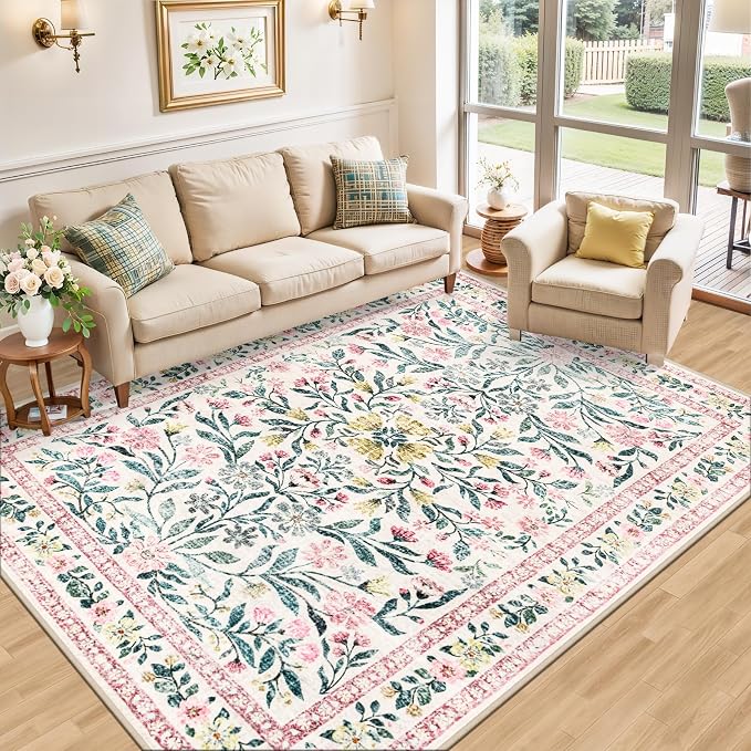 8x10 Area Rugs for Living Room: Floral Washable Rug Vintage Large Soft Boho - Image 2