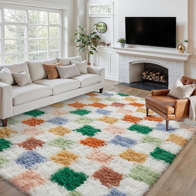PureCozy Checkered Rug 9x12 for Living Room, Modern Neutral Shag Rug Washable - Image 4