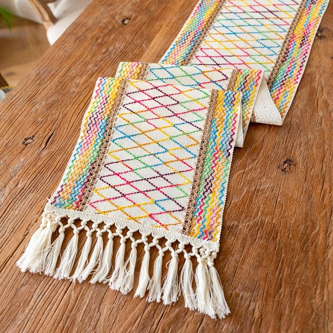 EMMTEEY Macrame Table Runner Boho Style 72 Inches Long, Hexagonal Colorful | - Image 3