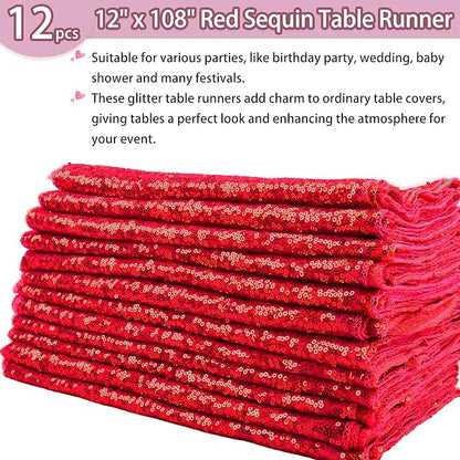 12 Packs 12 X 108 Inch Red Sequin Table Runner Glitter Dining Table Runner - Image 2