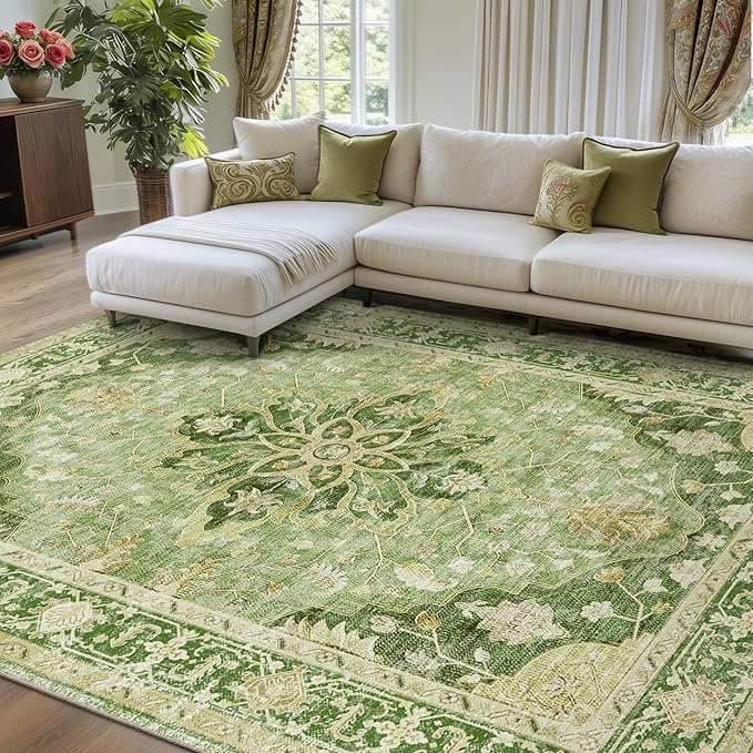RELEANY Area Rugs 8'x10' Washable Non-Slip, Floral Vintage Distress Medallion by RELEANY