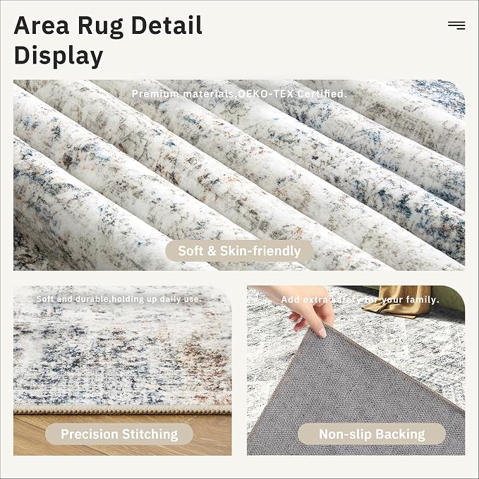 Soalmost 5x8 Area Rugs Blue Ivory Low Pile Indoor Washable Trendy Faded Style - Image 6