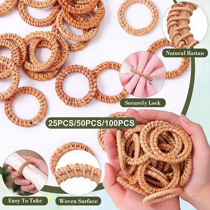 100 Pcs Boho Woven Rattan Napkin Rings Bulk Rustic Style Round Dining Table - Image 3