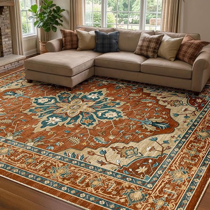 RELEANY Area Rugs 7'x10' Washable Non-Slip, Floral Vintage Distress Medallion by RELEANY