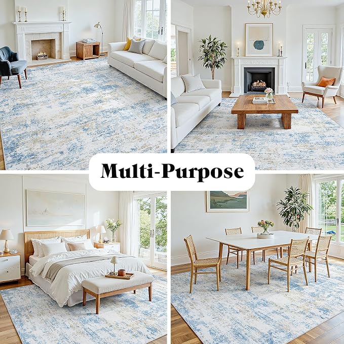 Area Rug 8x10 Living Room Rug Washable: No-Slip Abstract Soft Thin Large Blue - Image 8