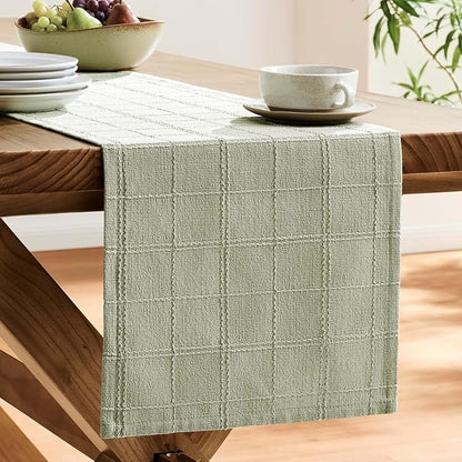 Linen Checked Farmhouse Table Runner, 13x36 Inches Seeding Green | Raised Grid - Image 4