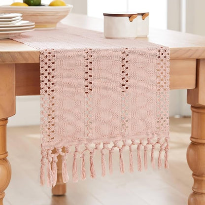 Macrame Style Boho Table Runner, 12x36 Inch Light Pink | Woven Boho Table Runner - Image 7