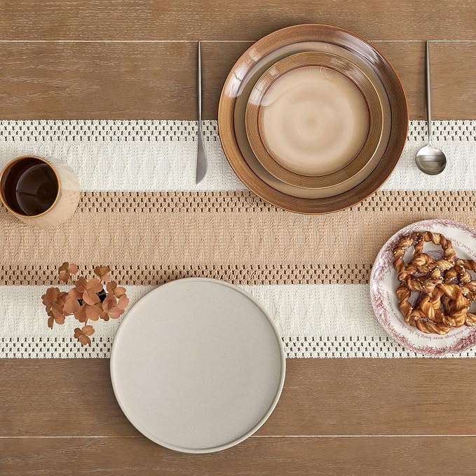 Macrame Style Bicolor Stitching Table Runner 14x90in Beige | Woven Boho Table - Image 5