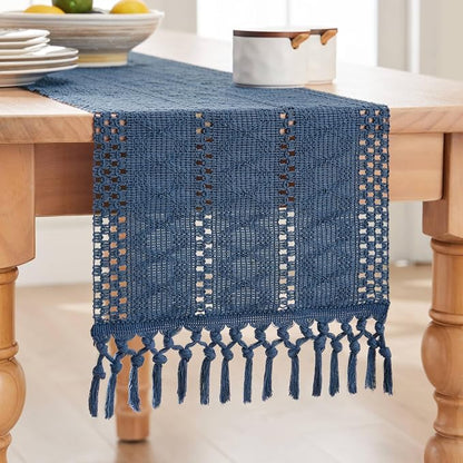 Macrame Style Boho Table Runner, 12x36 Inch Dusty Blue | Woven Boho Table Runner - Image 7