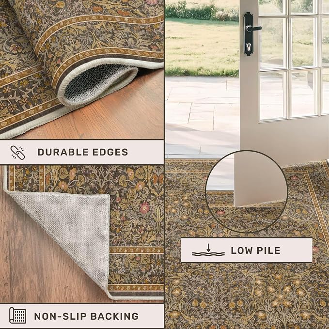 Vintage Gold Brown Living Room Rug, 7x10 Washable Area Rugs - Image 5