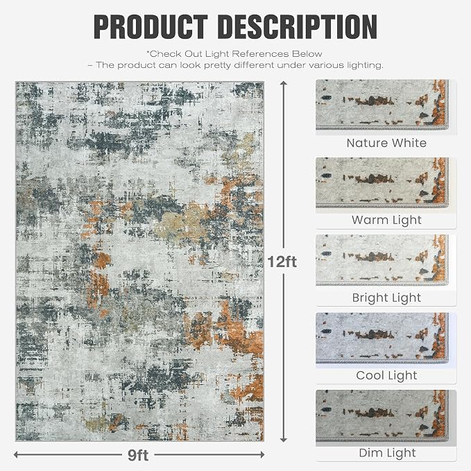 Area Rug 9x12 Living Room Rug Washable: No-Slip Abstract Soft Thin Large Grey - Image 2
