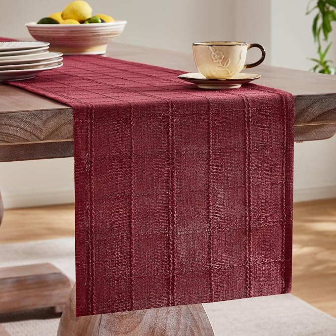 Linen Checked Farmhouse Table Runner, 13x90 Inches Burgundy | Raised Grid Design - Image 4