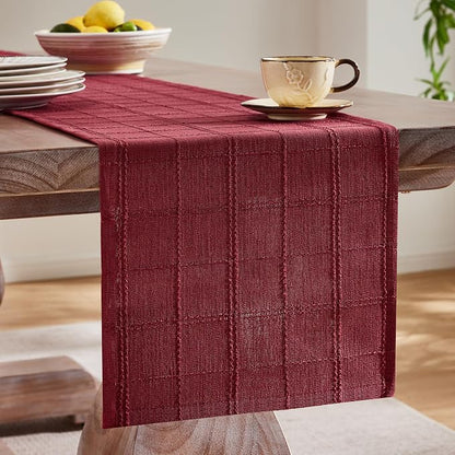 Linen Checked Farmhouse Table Runner, 13x90 Inches Burgundy | Raised Grid Design - Image 4