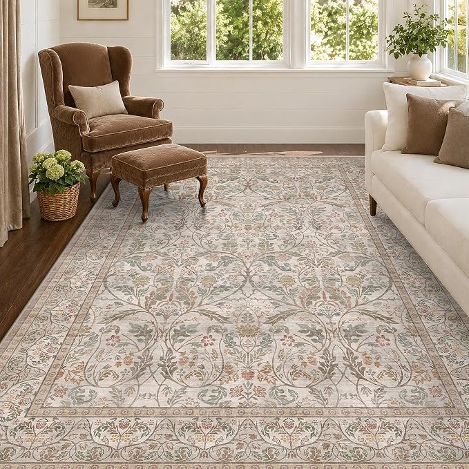 Vintage Floral 5x8 Dining Room Rug, Machine Washable Moss Green Living Room - Image 3