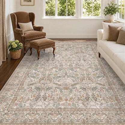 Vintage Floral 5x8 Dining Room Rug, Machine Washable Moss Green Living Room - Image 3
