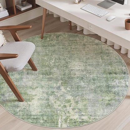 Soalmost 6x6 Green/Ivory Round Rug 6ft Living Room Circle Rug Vintage Round - Image 4