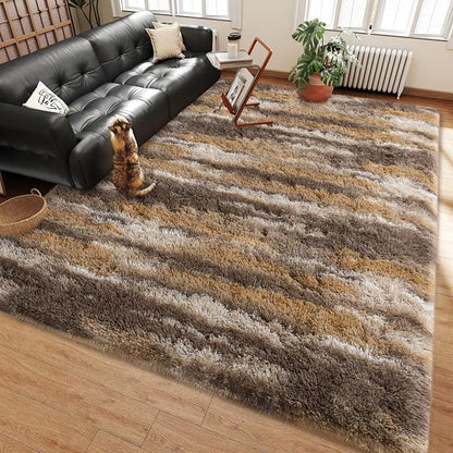 Shag Rugs for Bedroom, 4x6 Abstract Brown Soft Fuzzy Rugs for Living Room by Ailyei