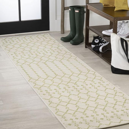 JONATHAN Y Moroccan Geometric Indoor Outdoor Runner Rug 2X8 Cream/Green by JONATHANY