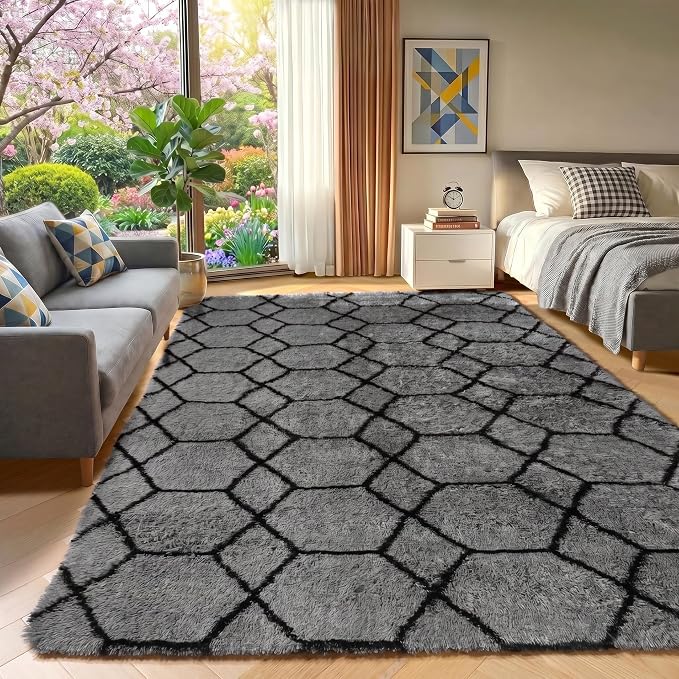 ONASAR 6x9 Area Rugs for Living Room Bedroom, Large Fluffy Grey and Black Throw - Image 6