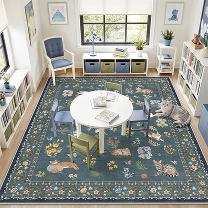 Soalmost Cat 8x10 Area Rugs for Living Room, Machine Washable Animal Floral - Image 2