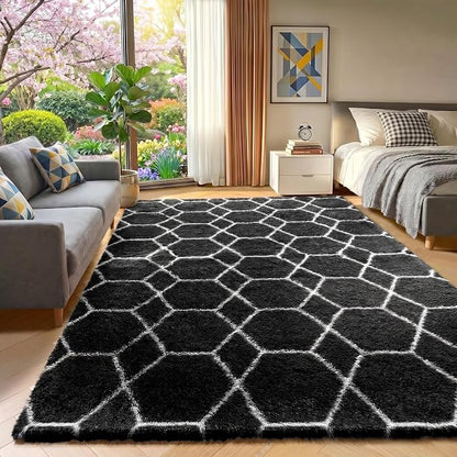 ONASAR 7x9 Area Rugs for Living Room Bedroom, Large Fluffy Black and White - Image 5