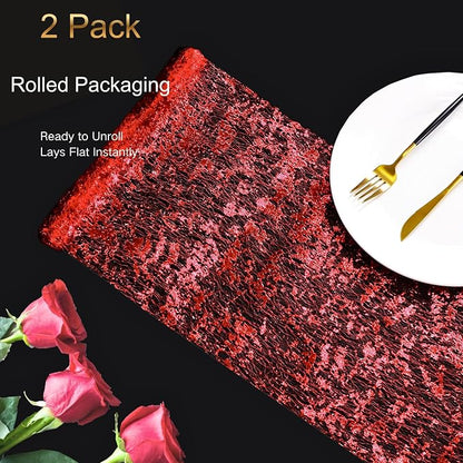 Snowkingdom 2Pcs Red Table Runner Roll Sequin Glitter Metallic Foil Sparkly - Image 3