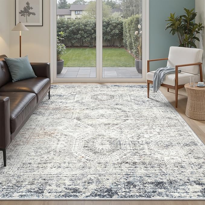 Soalmost 5x7 Area Rugs Blue Ivory Low Pile Indoor Washable Trendy Faded Style by Soalmost