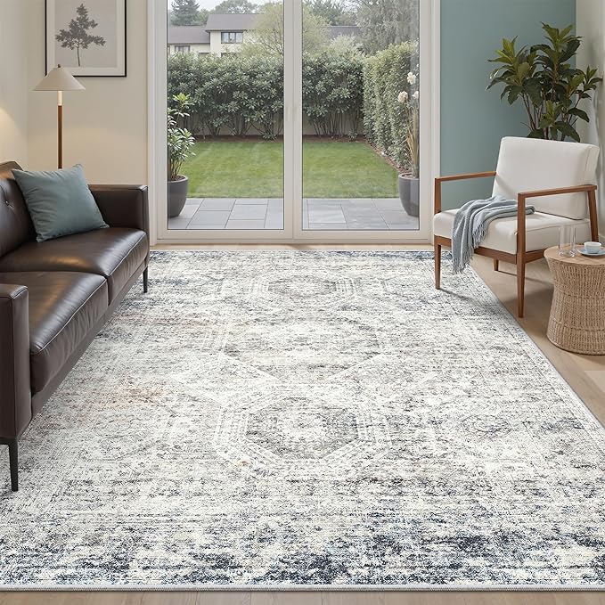 Soalmost 5x8 Area Rugs Blue Ivory Low Pile Indoor Washable Trendy Faded Style - Image 2