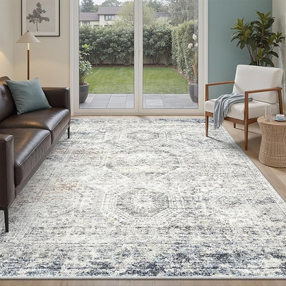 Soalmost 5x8 Area Rugs Blue Ivory Low Pile Indoor Washable Trendy Faded Style - Image 2
