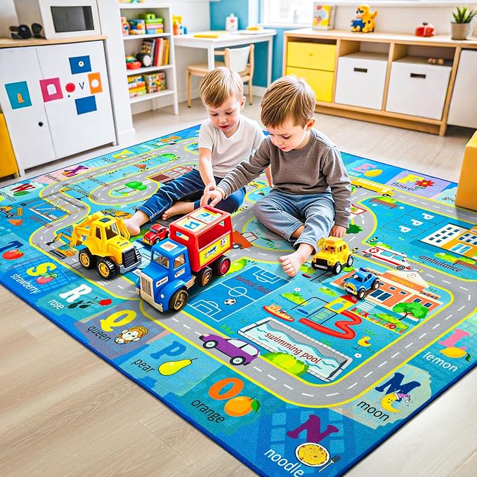 Chicrug 4x6 Car Road Area Rug for Kids Playroom Bedroom, Non Slip Low Pile - Image 3