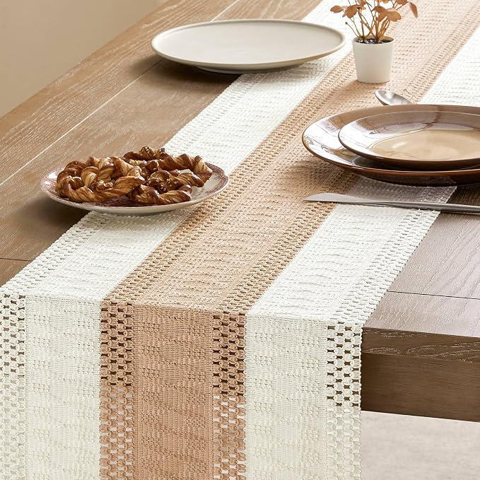 Macrame Style Bicolor Stitching Table Runner 14x60in Beige | Woven Boho Table - Image 4