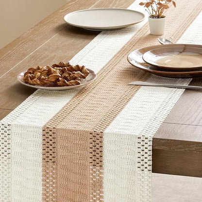 Macrame Style Bicolor Stitching Table Runner 14x90in Beige | Woven Boho Table - Image 4