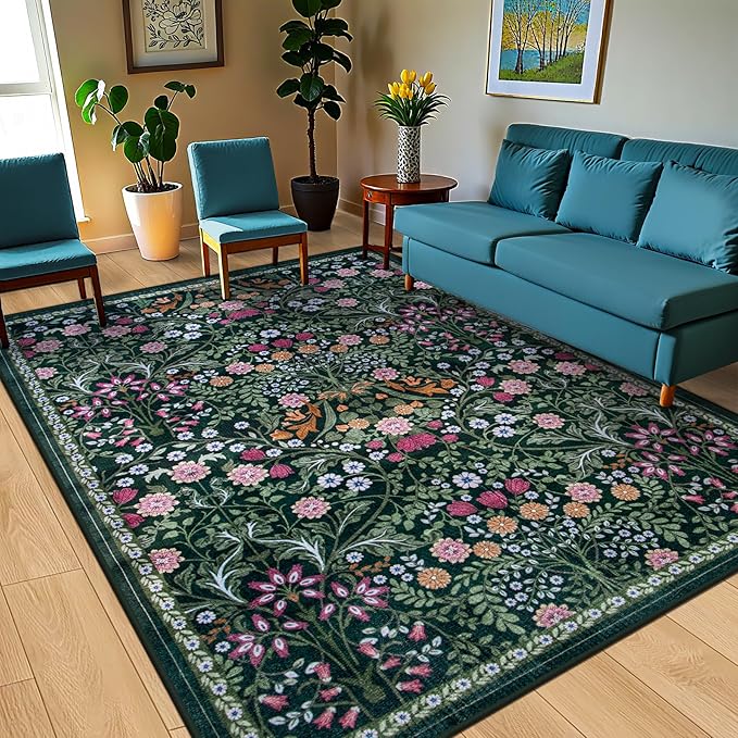 Area Rugs 9x12 Living Room: Floral Washable Rug Vintage Large Soft Boho - Image 2