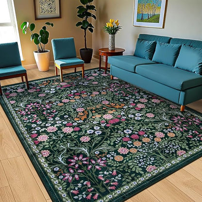 Area Rugs 9x12 Living Room: Floral Washable Rug Vintage Large Soft Boho - Image 2
