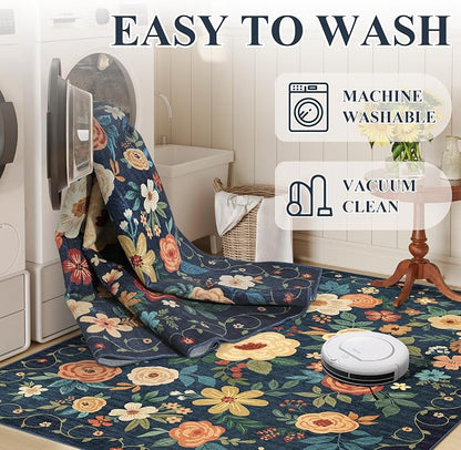 DUKINO Floral Round Rug, 4ft Washable Circle Rug, Non Slip Indoor Low Pile - Image 6