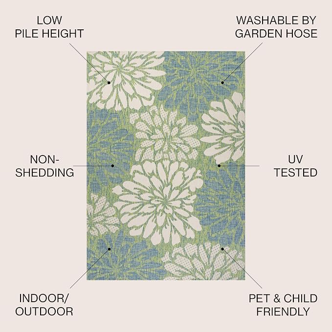 JONATHAN Y Floral Textured Weave Indoor Outdoor Area Rug 5X8 Cream/Green - Image 2