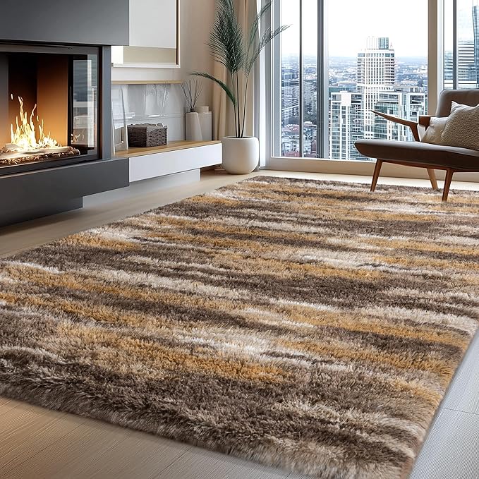 8x10 Shag Rugs for Living Room, Soft Fluffy Abstract Brown Fuzzy Large Area - Image 3