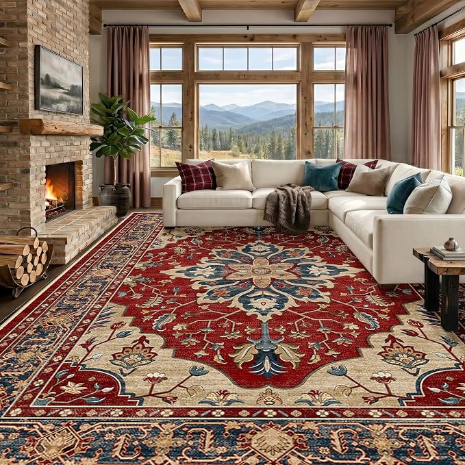 RELEANY Area Rugs Large 9'x12' Washable Non-Slip, Floral Vintage Distress by RELEANY