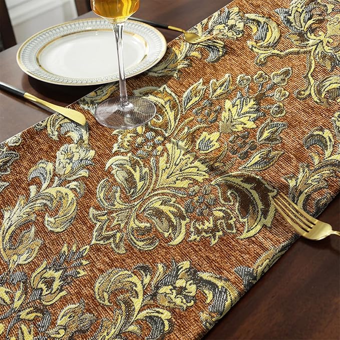 Table Runners 72" Jacquard Classic Floral Beige Vintage Chenille - Image 5