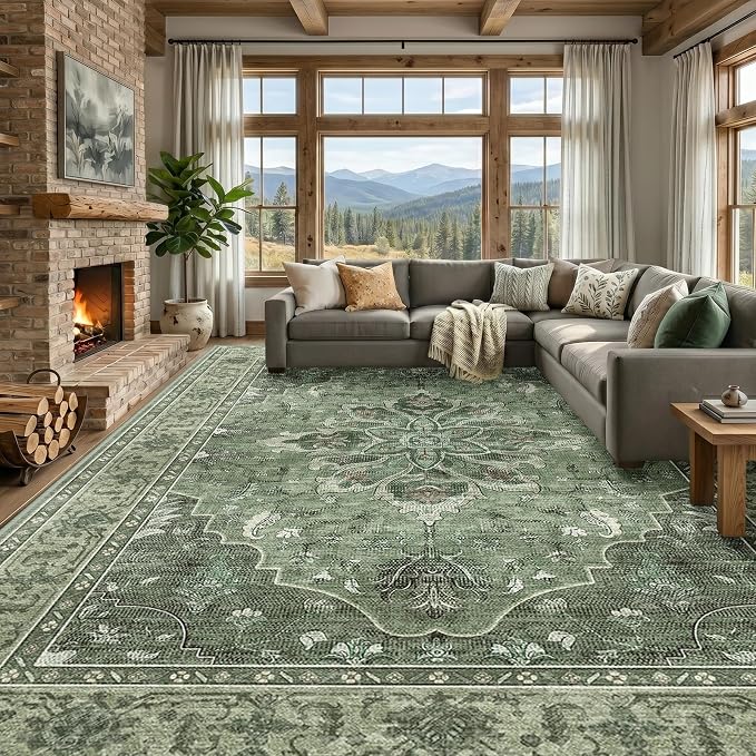 RELEANY Area Rugs Large 10'x14' Washable Non-Slip, Floral Vintage Distress by RELEANY
