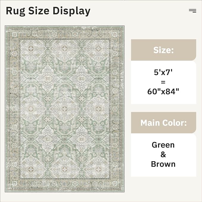 Soalmost 5x7 Area Rugs Green/Brown Low Pile Indoor Washable Trendy Faded Style - Image 5
