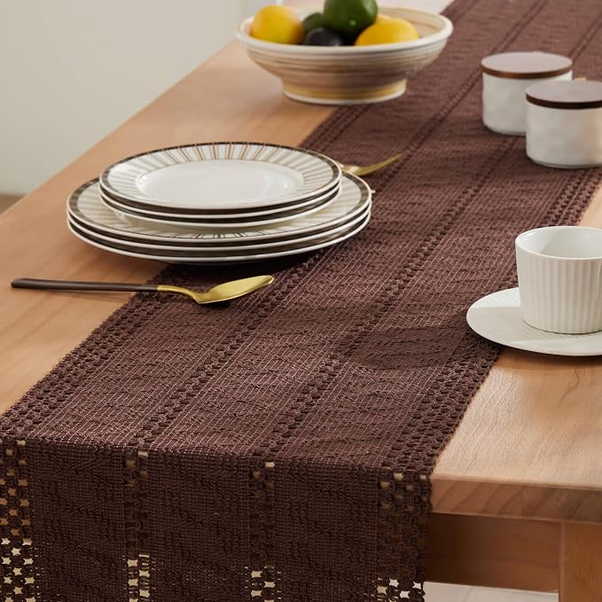 Macrame Style Boho Table Runner, 12x108 Inch Chocolate | Woven Boho Table Runner - Image 5