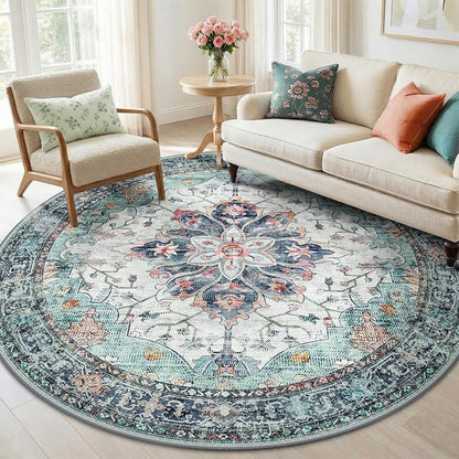 RELEANY Area Rugs Round 6ft Washable Non-Slip, Floral Vintage Distress by RELEANY