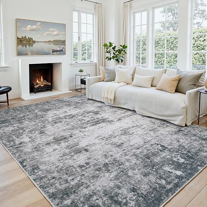 Area Rug 9x12 Living Room Rug Washable: No-Slip Abstract Soft Thin Large Gray by Oriannal