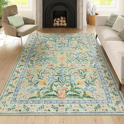 Wonnitar Washable Floral 6x9 Rug, Soft Green Area Rug Boho Non Slip Dining Room - Image 6