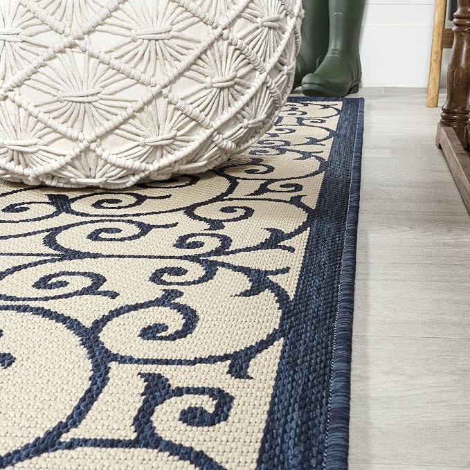JONATHAN Y Vintage Filigree Indoor Outdoor Area Rug 5X8 Navy/Beige, Madrid - Image 7