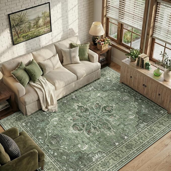RELEANY Area Rugs 6'x9' Washable Non-Slip, Floral Vintage Distress Medallion by RELEANY