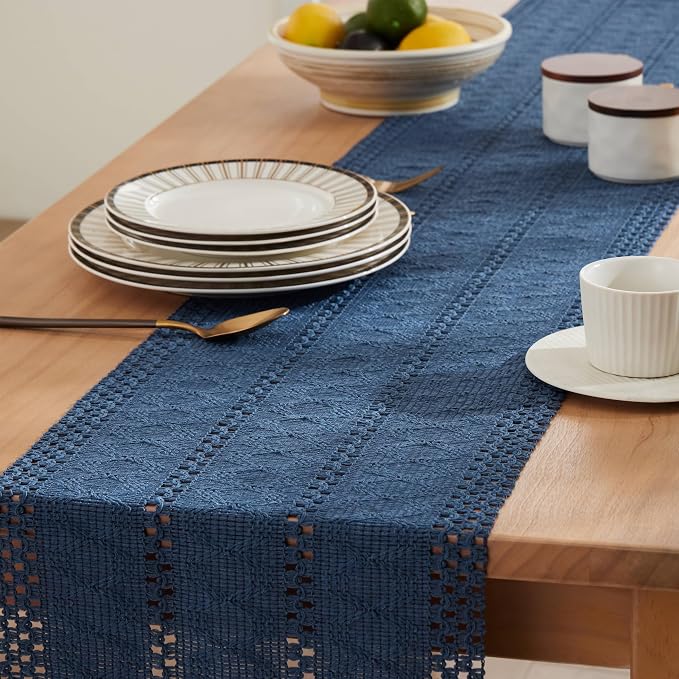 Macrame Style Boho Table Runner, 12x36 Inch Dusty Blue | Woven Boho Table Runner - Image 5