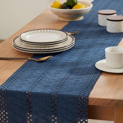 Macrame Style Boho Table Runner, 12x60 Inch Dusty Blue | Woven Boho Table Runner - Image 5