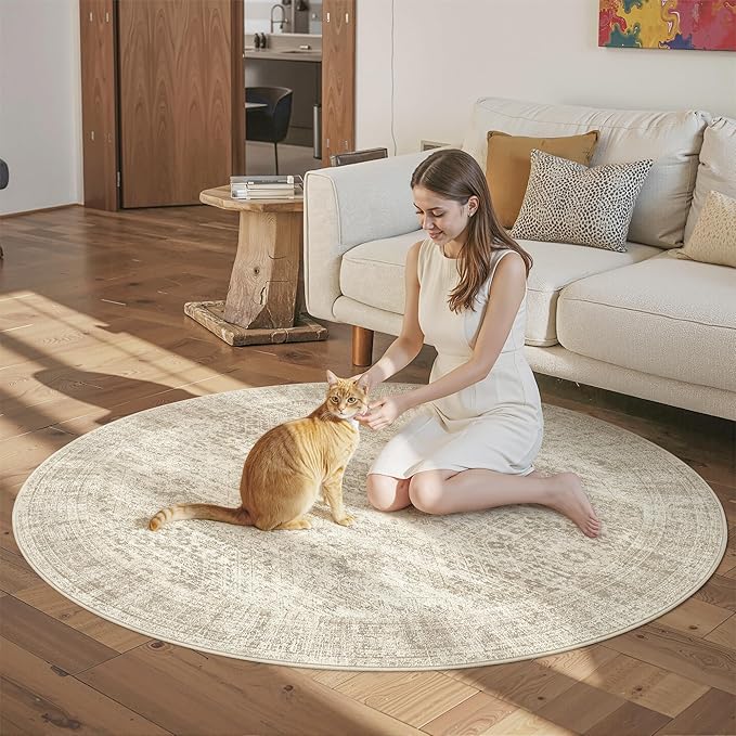 Soalmost 5x5 Beige Round Rug 5ft Living Room Circle Rug Vintage Round Area Rug - Image 4
